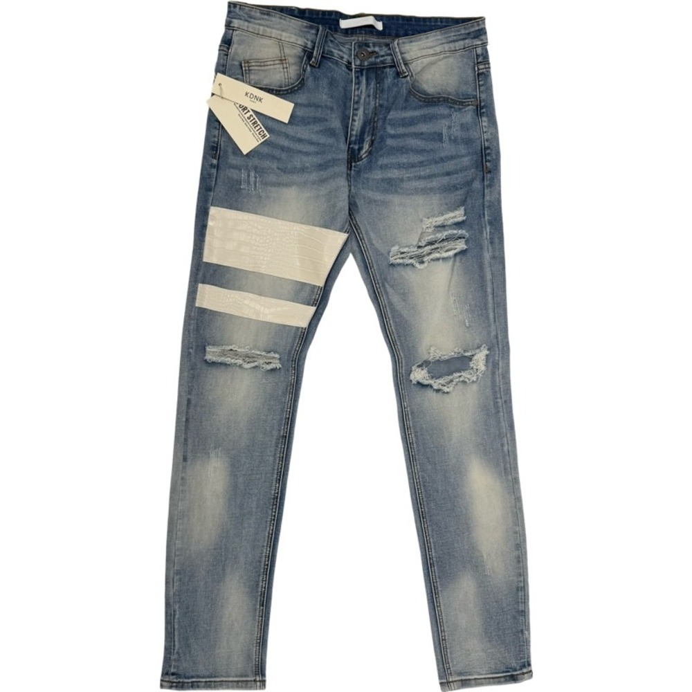 KDNK NEW 32 Slim Distressed Blue Jeans Croc Stripe Comfort Stretch Streetwear